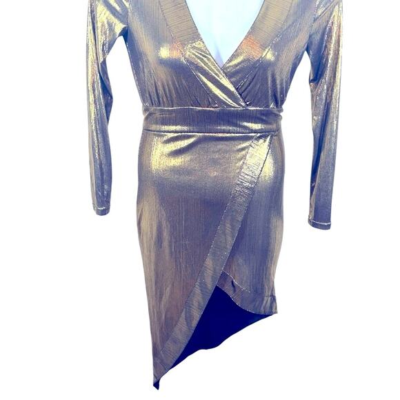 Lulu’s Metallic Gold Party Dress Small Semi Sheer Faux Wrap Night Out - Picture 5 of 14